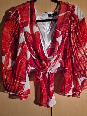 Red Floral Tie-Front Women's Top